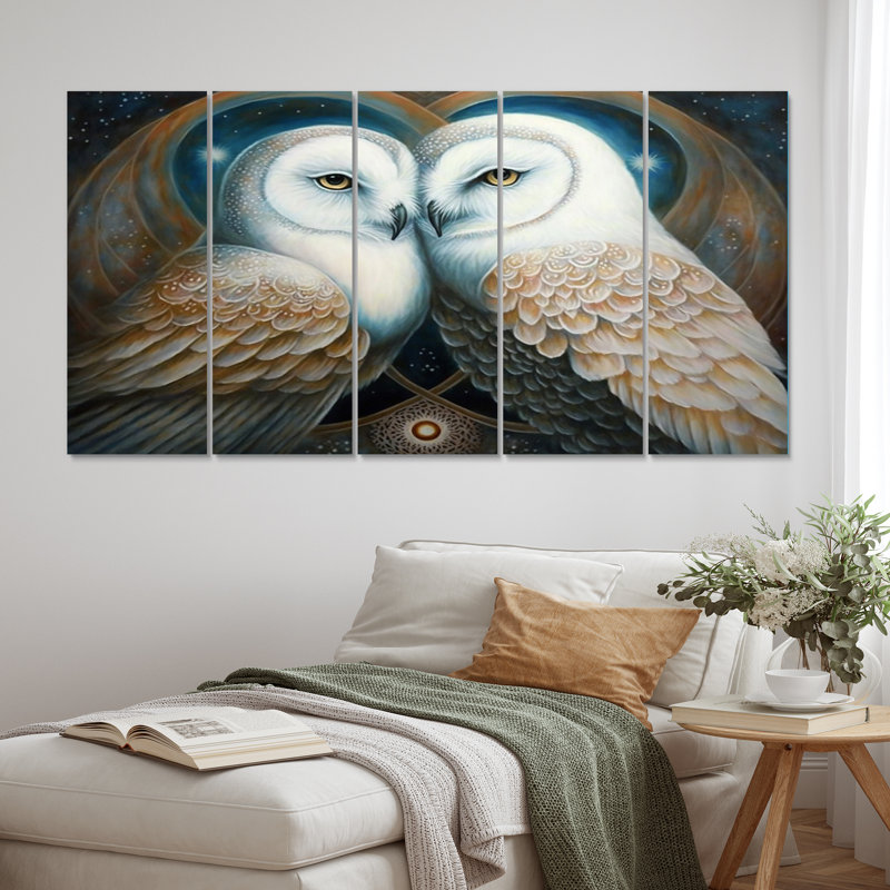 Hiboux blancs amoureux - décoration murale animaux hibou - 5 panneaux égaux