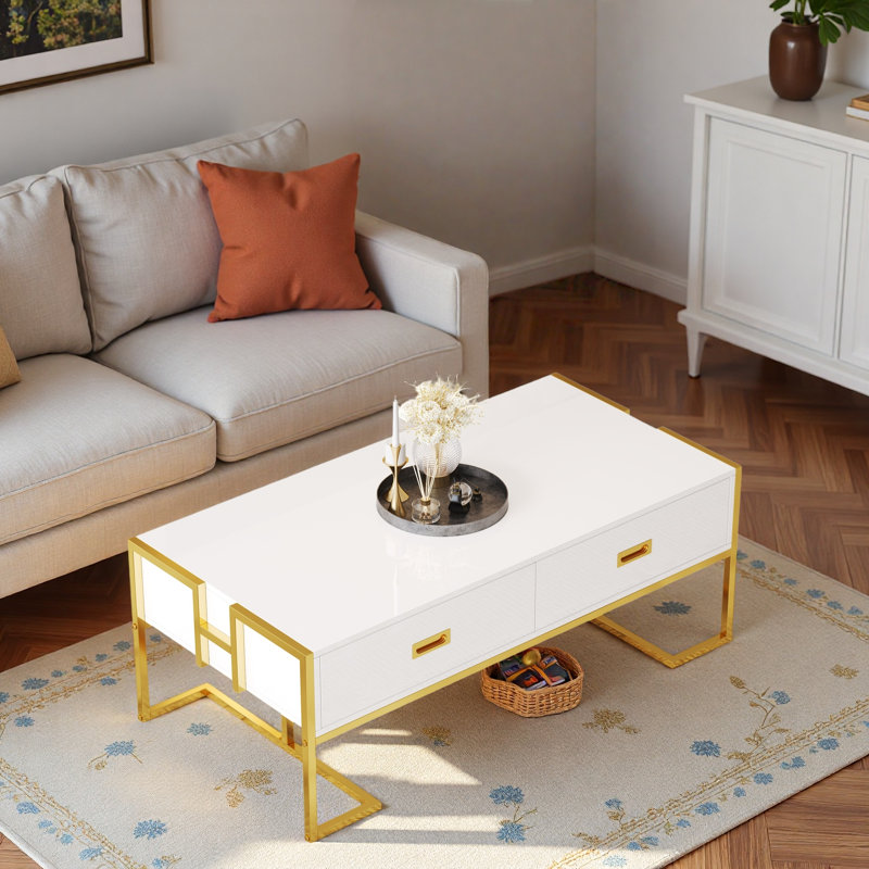 Table basse moderne moderne avec 4 tiroirs et base dorée, Blanc