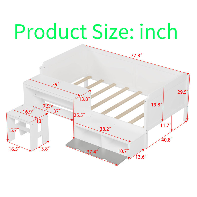 Wooden Daybed With Built-In Storage Shelves, Lockers, And Study Desk, Multi-Functional Twin Size Bed With Matching Stool, Ideal For Small Spaces And Apartments