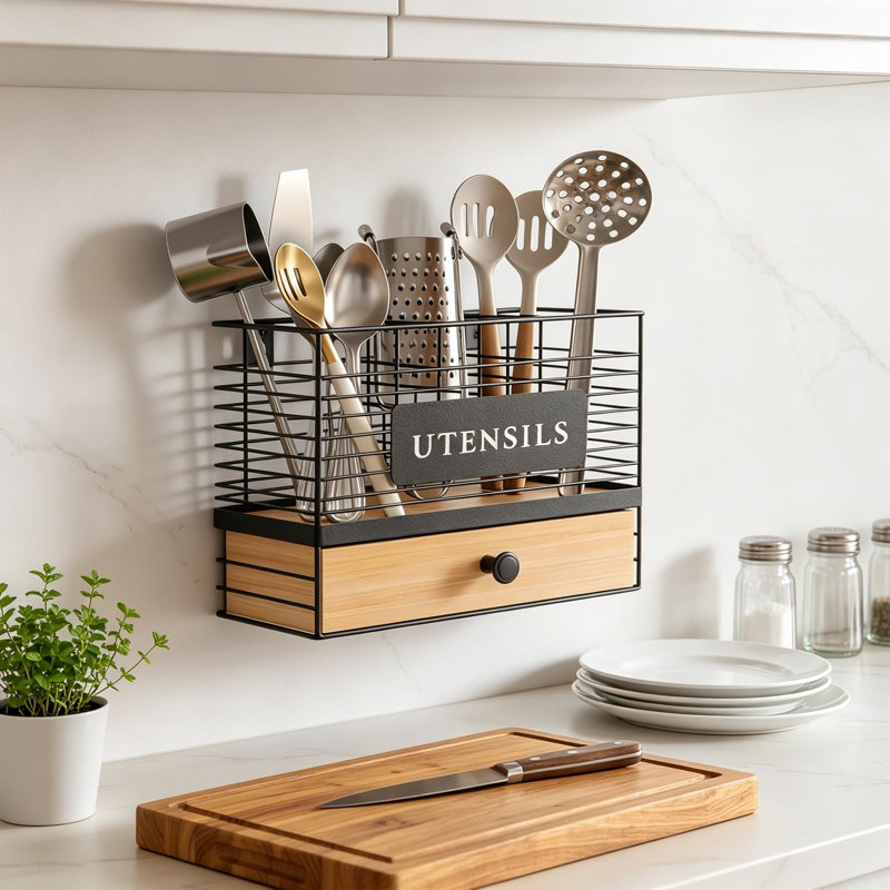 Porte-ustensiles de cuisine pour comptoir avec tiroir, organisateur 2-en-1 avec cloison amovible, fixation murale ou comptoir, cadre en métal avec tiroir en bambou pour spatule, argenterie et ustensiles de cuisine