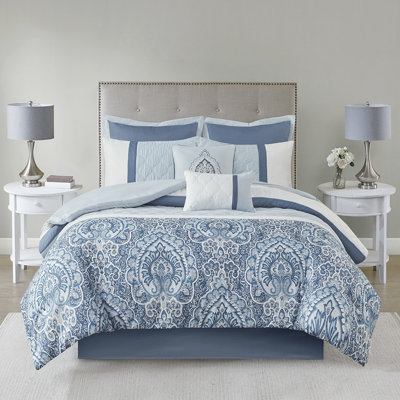 Édredon très grand 8 pièces, imprimé bleu, rembourrage, 2 taies décoratives, coussins décoratifs, rembourrage 8, lavable à la machine et froissé