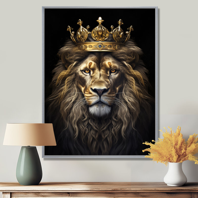 Majestic lion royal avec couronne d'or I - impressions sur toile de lion, H 32 po x l 16 po x P 1 po, Encadrement argenté