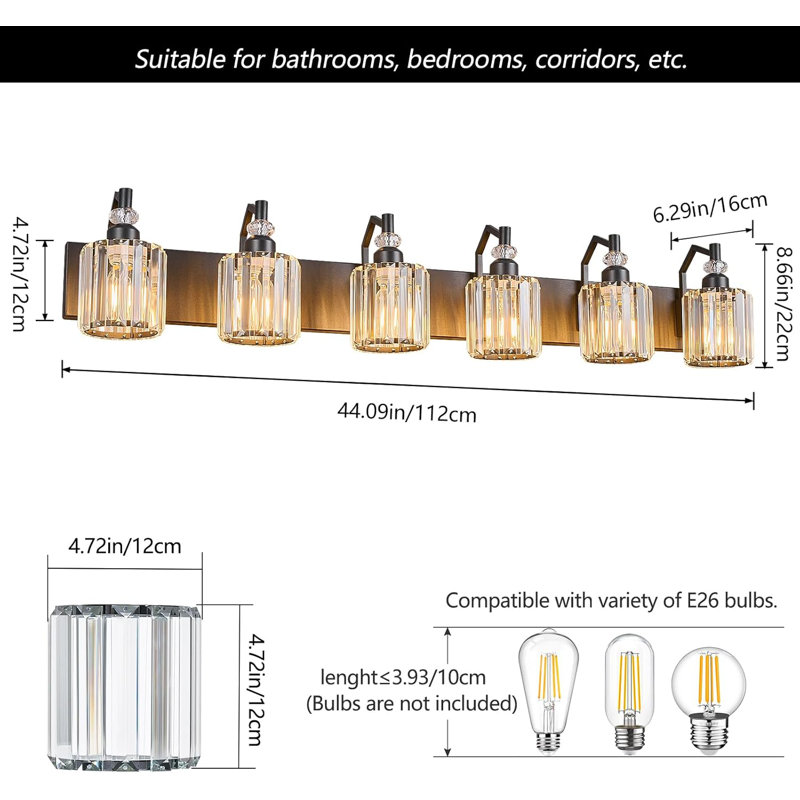 Luminaire de salle de bain moderne à 6 lumières avec abat-jour en cristal pour un éclairage de miroir élégant, Noir mat, Rond