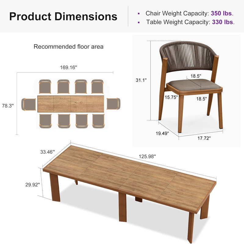 Rectangular 10 - Person 125.98" Long Aluminum Dining Set with Cushions