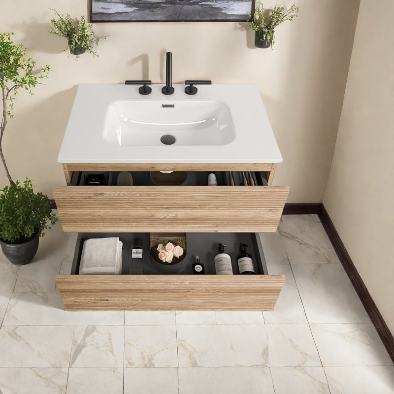 Modern Vanity With Sink, Oak Mdf, Space-saving Bathroom Solution