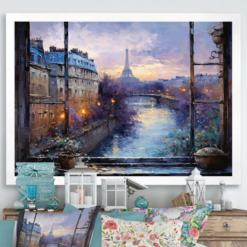Vue de la fenêtre de Paris au coucher du soleil - Art mural Paris, Cadre de coin blanc fermé, H 30 po x l 40 po x P 1,5 po