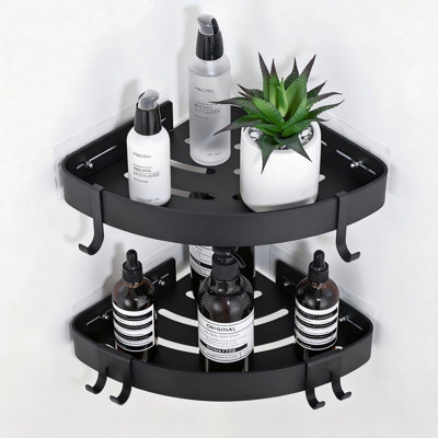 Serviteur de douche en coin avec crochets, organisateur de salle de bain en aluminium résistant à la rouille sans perçage, paquet de 2 (noir)