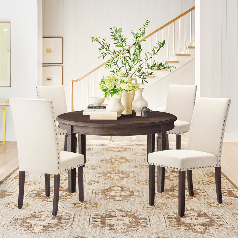 Bontrager Upholstered Nailed Trim Linen Parsons Dining Chairs with Solid Wood Legs, Beige