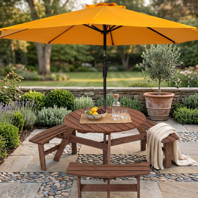 Table de pique-nique circulaire en bois 35,43 "pour 6 avec bancs intégrés, brun