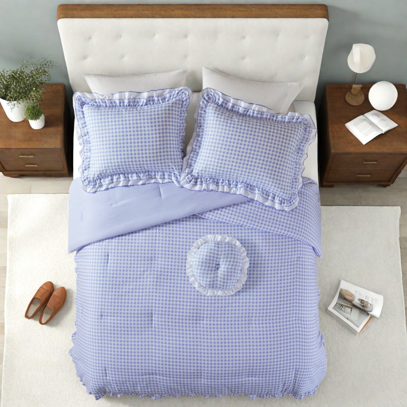 Soft Microfiber Bedding Sets, Blue Ruffle Gingham Full Queen For Home
