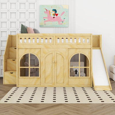 Lit mezzanine en bois avec glissière et escalier de rangement, lit mezzanine en bois massif avec garde-robe et fenêtre