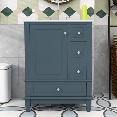 Armoire de salle de bain 3 tiroirs avec lavabo en céramique, armoire de rangement et porte