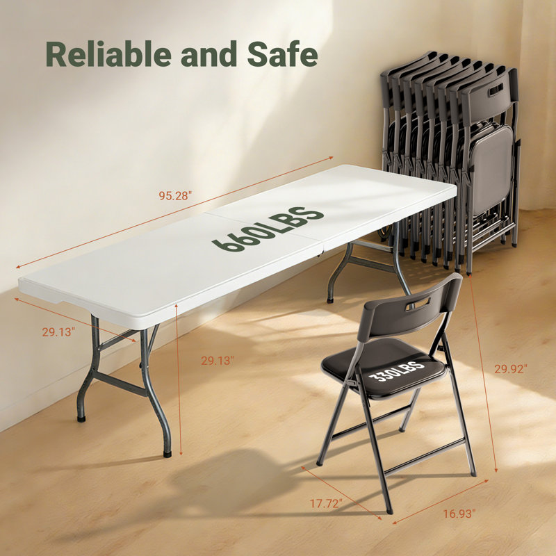 Ensemble 9 pièces de table rectangulaire et chaises pliantes de 8 pieds - Table robuste de 660 lb et de chaises 330 lb - Ensemble de meubles pliables portatifs pour l'intérieur et l'extérieur