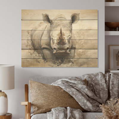 Mighty Strong Rhinoceros I - Rhinoceros, art sur bois de pin naturel