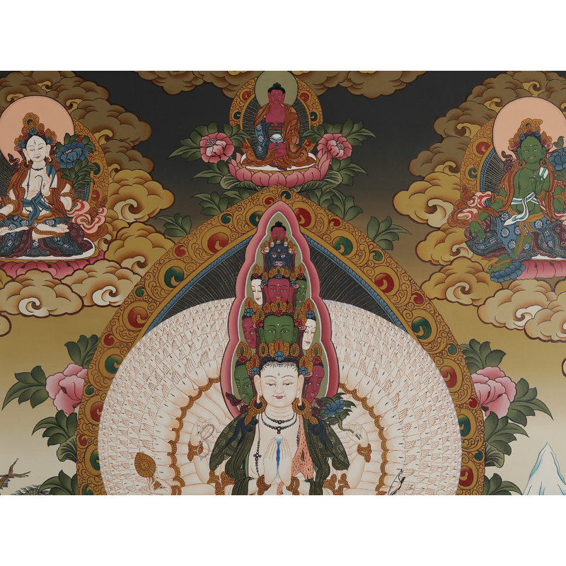 Avalokiteshvara (Thangka sans brocart) | Or pur 24 carats avec peinture acrylique