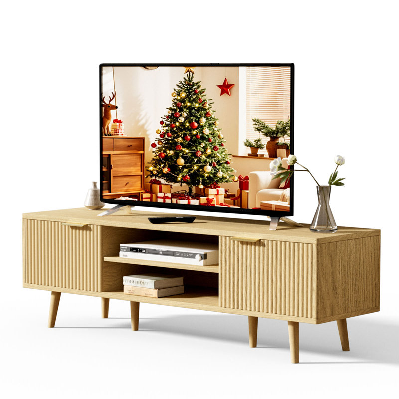  Modern Wood Tv Stand Up To 60'',universal Entertainment Center With 3-tier Shelves,tv Console With Cabinets Storage,wood Frame Television Stand (oak)