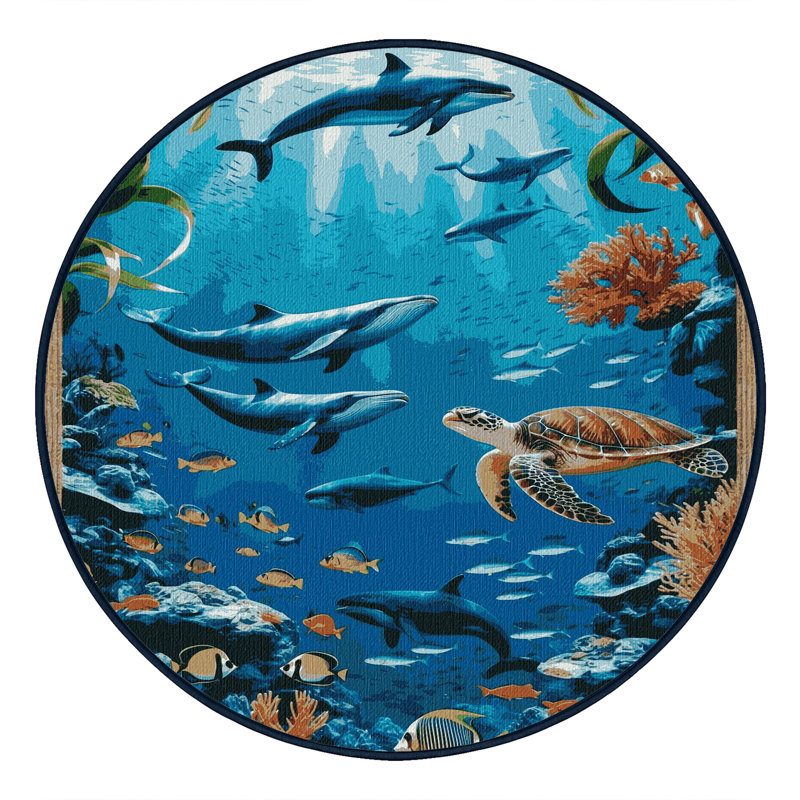 Washable Deep Sea Scene Coastal Area Rug, Round 4'