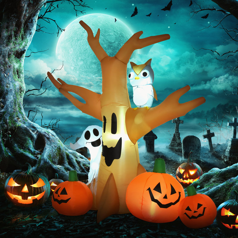 Arbre de Noël gonflable illuminé 7,5 pi avec une chouette, un fantôme et des citrouilles d'Halloween