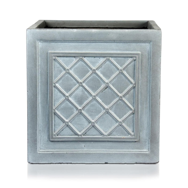 Square Planter | Lattice Grey Reinforced Stone Heritage Style Lazio Garden Planter With Drainage Holes, 38 Litres