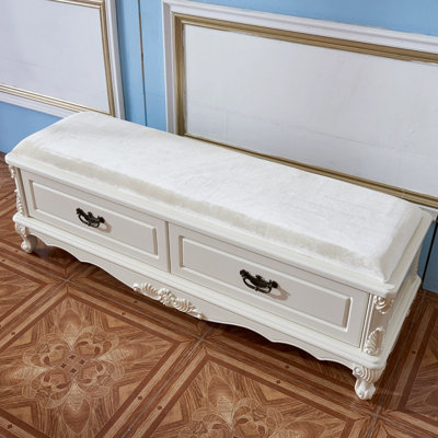 Banc de rangement sculpté en chêne velours de style européen pour chambre et salon