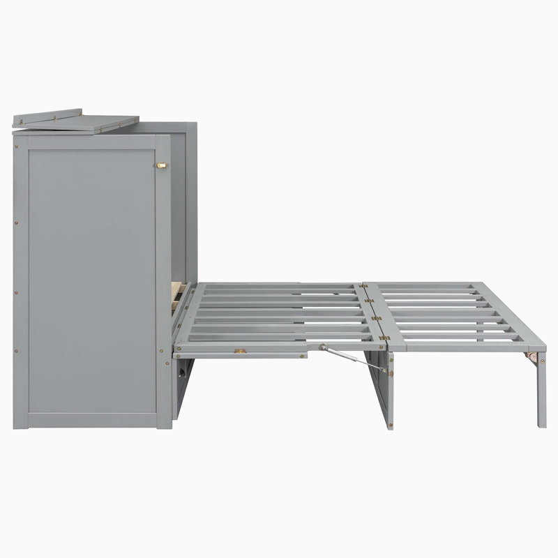 Grand lit escamotable avec grands tiroirs et USB, gris brossé, gris