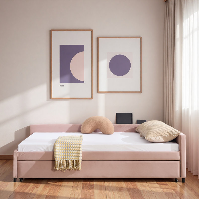 Upholstered Daybed With Trundle And Usb, Pink