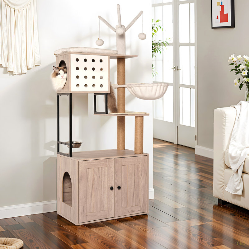 Arbre à chat avec bac à litière - maisonnette pour chat moderne avec poteaux à griffer, bol d'alimentation et bâtons de pompons amovibles
