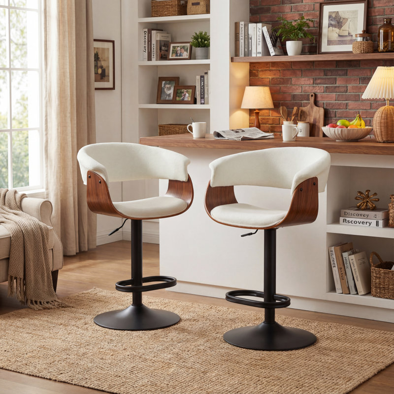Tabourets de bar à hauteur réglable avec siège pivotant en tissu et dossier pour îlot de cuisine, bar et pub, 2, Beige