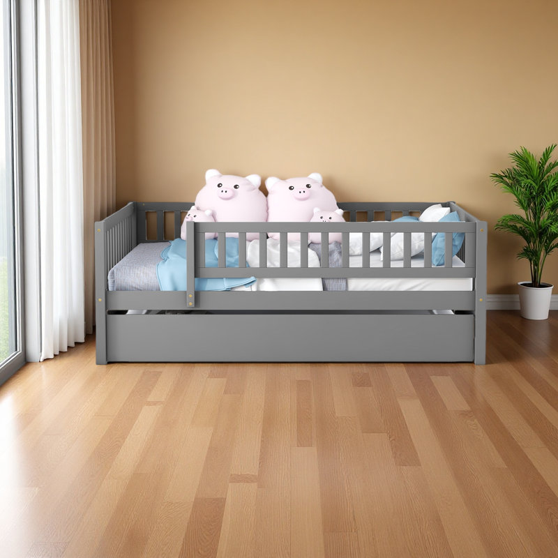 Lit de jour double en bois avec couchette et garde-corps, Gris