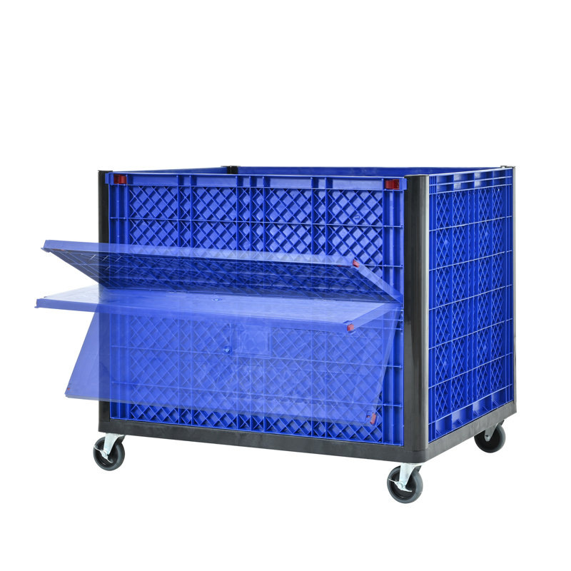 Collapsible Bulk Container with Casters, Solid Wall HDPE Storage Bin, 600 lbs Capacity, Blue