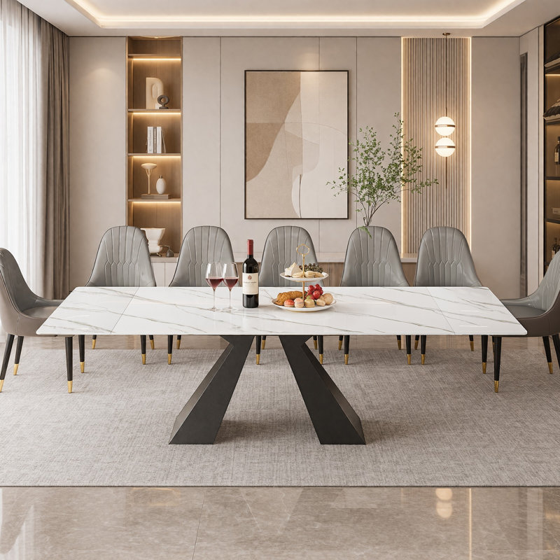 8-Piece Dining Set Featuring A 78.7"-110.2" Extendable Sintered Stone Dining Table And 8 Faux Leather Dining Chairs, White