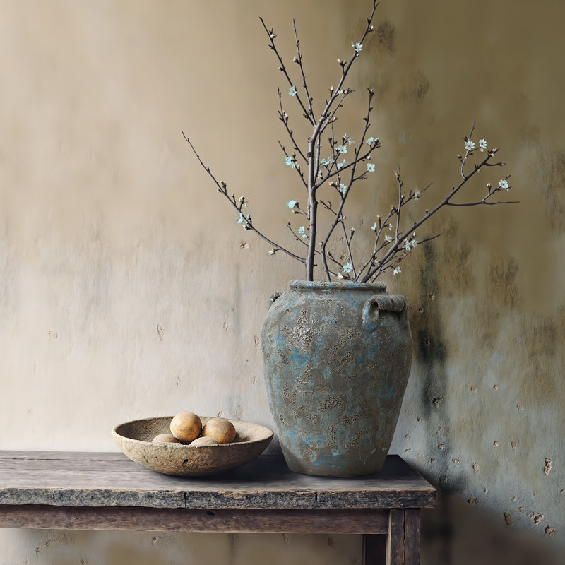 Vintage Blue Brown Glazed Amphora Vase with Handles, Rustic Textured Decorative Vase, 12.6" Tall