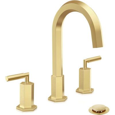 8 Inch 3 Holes Brushed Gold Bathroom Sink Faucet, Widespread Hexagonal Bathroom Faucet with Metal Pop up Drain and Water Supply Lines
