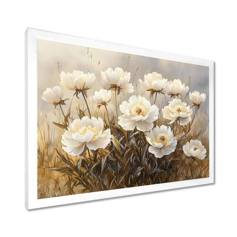 Drishti pivoines dans la brume de basse-cour II - pivoines, art mural large, Reproduction encadrée d'une seule photo, Blanc