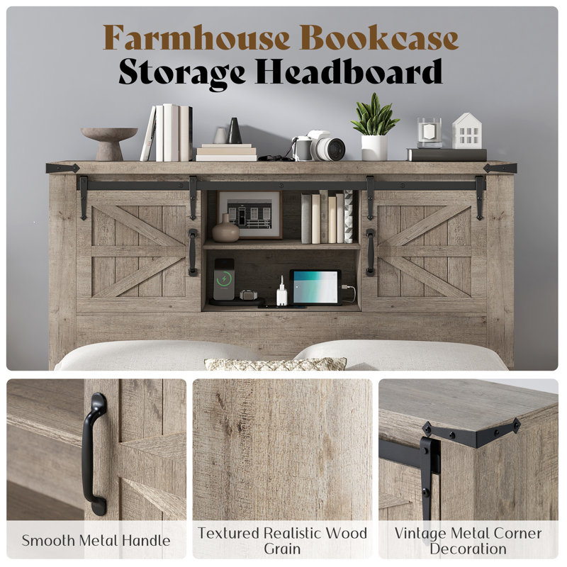 Oceant Sherell Farmhouse Bed Frame Storage Bookcase Headboard