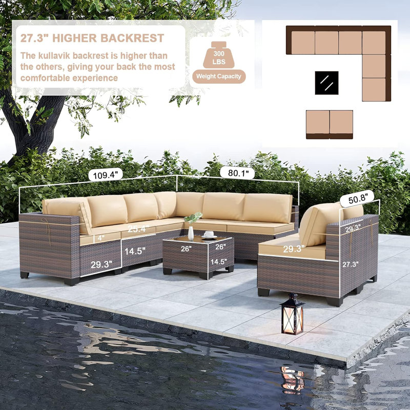 Ensemble de conversation modulaire en rotin 9 pièces avec coussins et table en verre trempé Yasmina, Sable