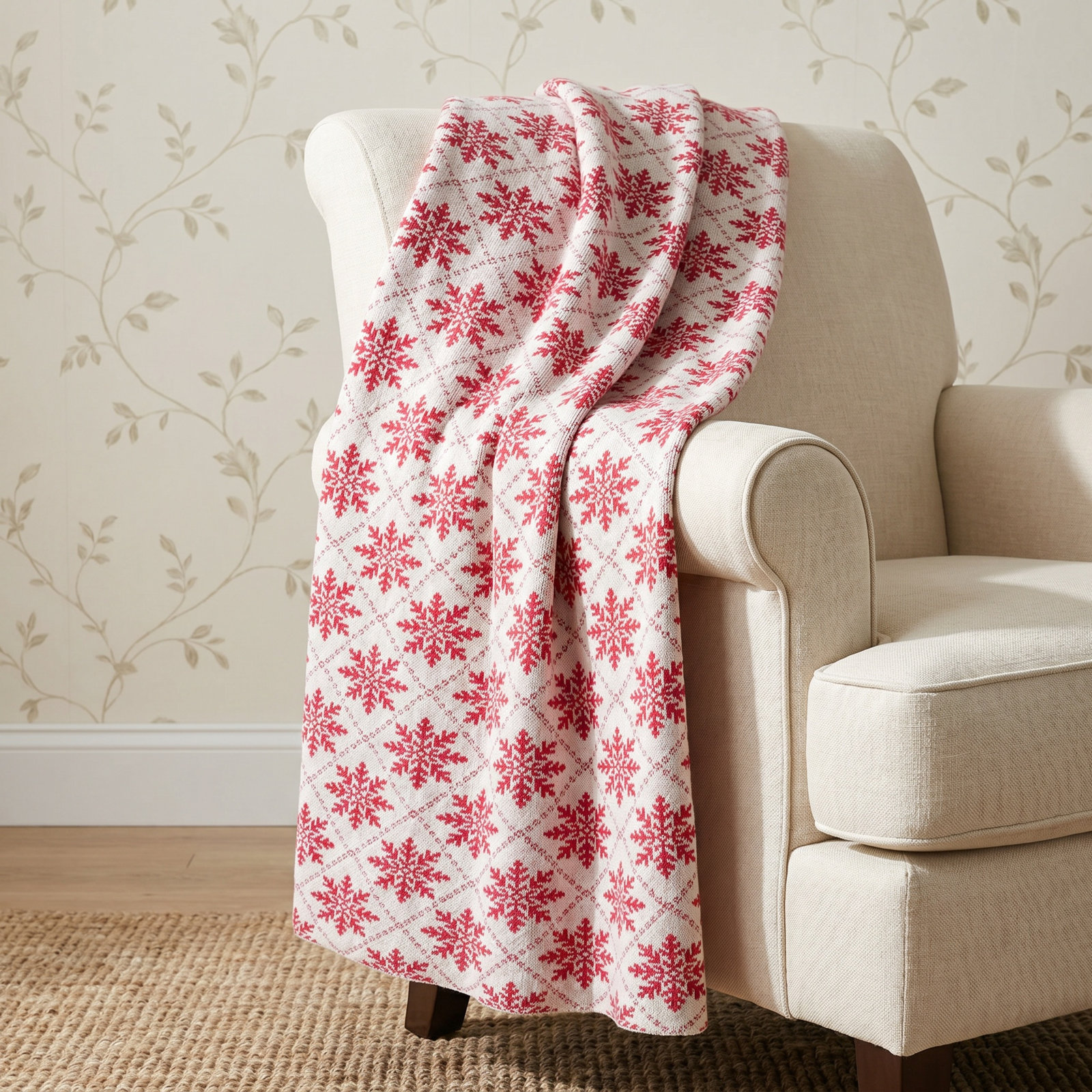 Elegant Cotton Knit Snowflake Throw, Cream/Dark Pink Abstract