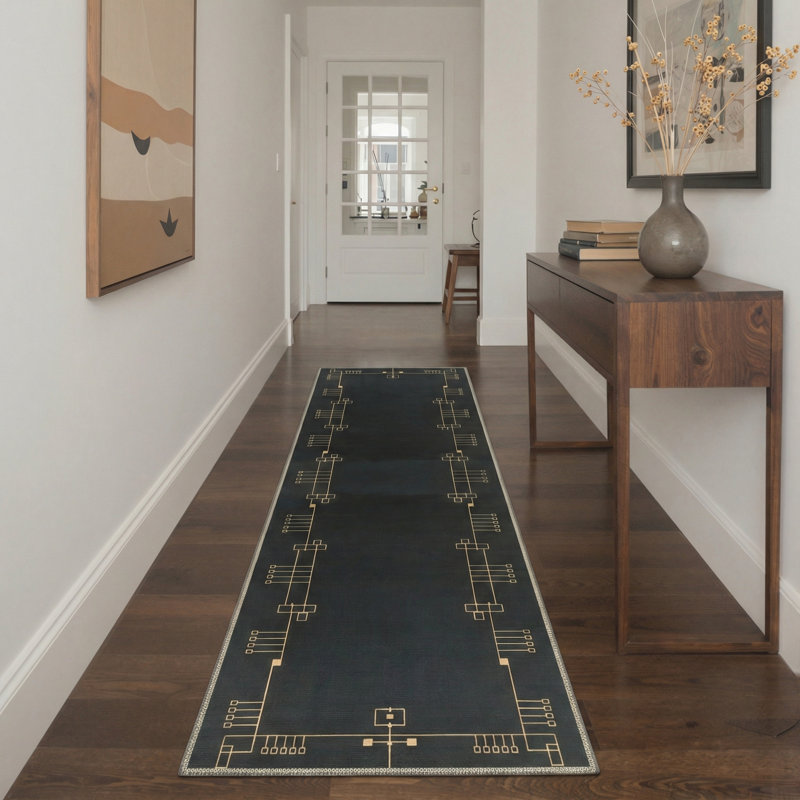 Art Deco Geometric Border Machine Washable Black Indoor Area Rug with Non-Slip Backing, Runner 2'6" x 8'