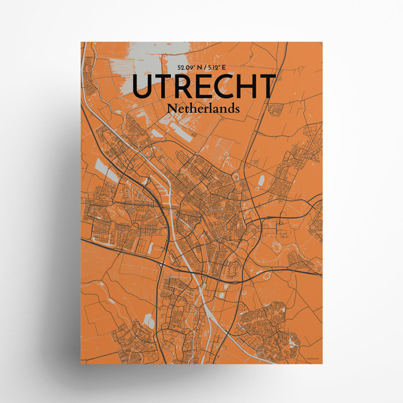 Utrecht City Map In Orange - No Frame Print, 24cm H x 18cm W x 0.05cm D