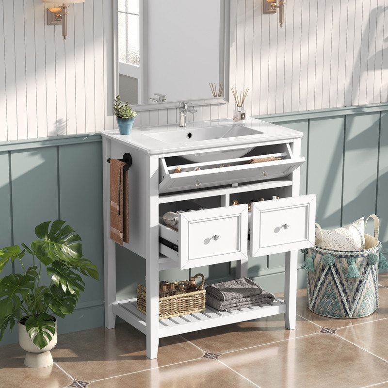 Ensemble de meuble-lavabo simple 30 po avec plateau en céramique et tablette ouverte, Blanc