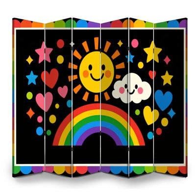 6 Panels Folding Screen Room Divider for Classroom Royal Colorful Sun Rainbow Cloud Stars Hearts Design Canvas Screen Room Separator Freestanding Protective Wall Divider Privacy Partition