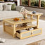Table basse moderne avec tablette de rangement, tiroir en rotin et deux plateaux de table pour une organisation améliorée du salon-1379340996