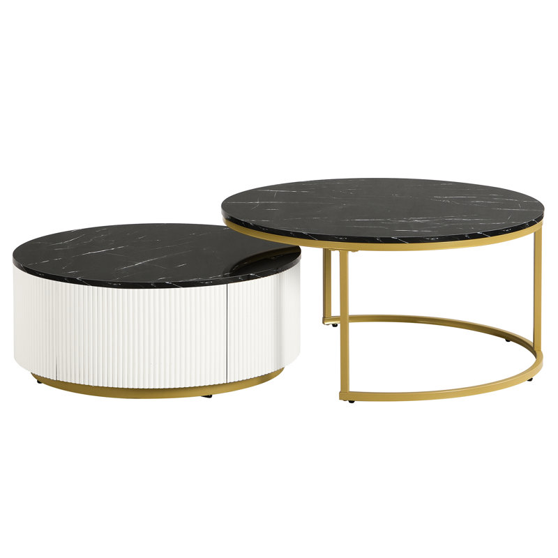 Table basse gigogne élégante à cannelures rondes - finition noire et dorée et fonction à la mode peu encombrante avec tiroir
