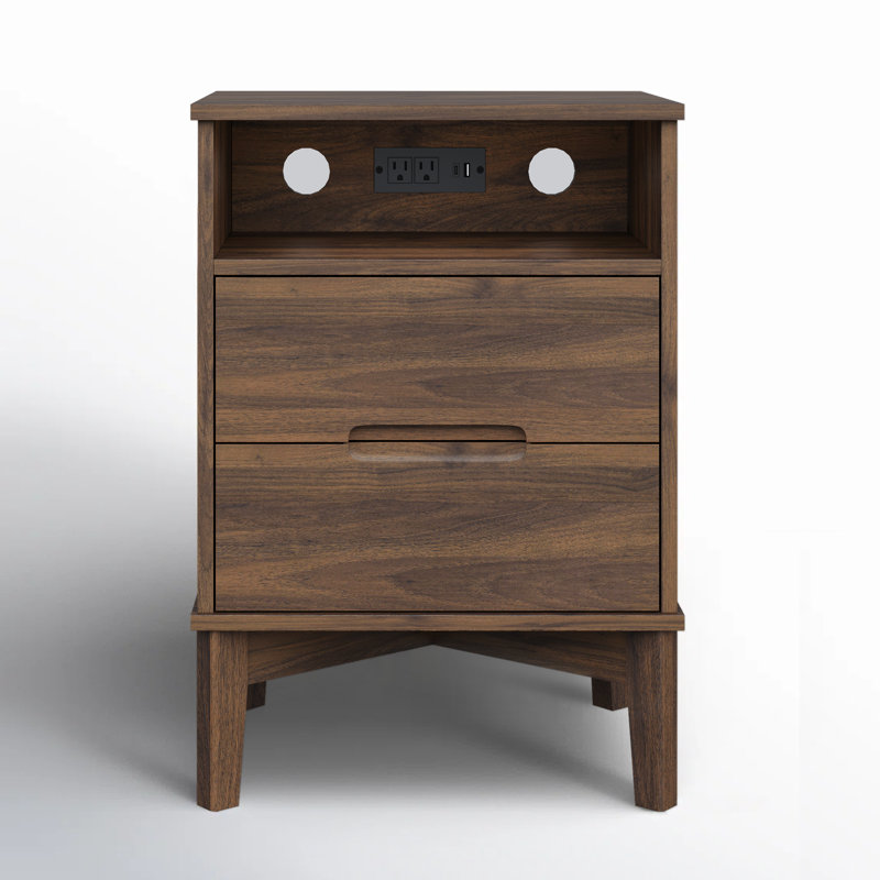  Table de chevet moderne Mid-Century avec tablette ouverte et station de charge, Noyer foncé