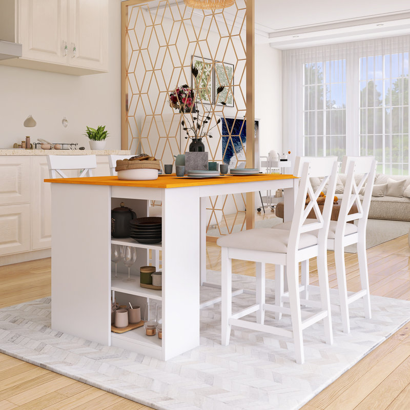 Ensemble de table de salle à manger 60 pièces 5 pièces avec tablettes de rangement à 3 niveaux et 4 chaises rembourrées Farmhouse