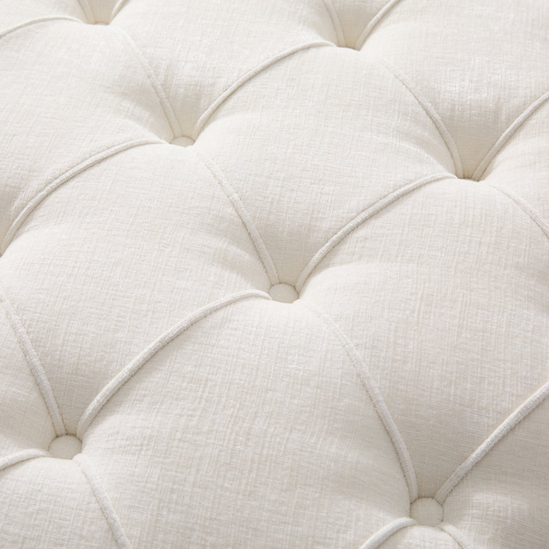 32" Round Tufted Ottoman with Solid Wood Legs, Beige