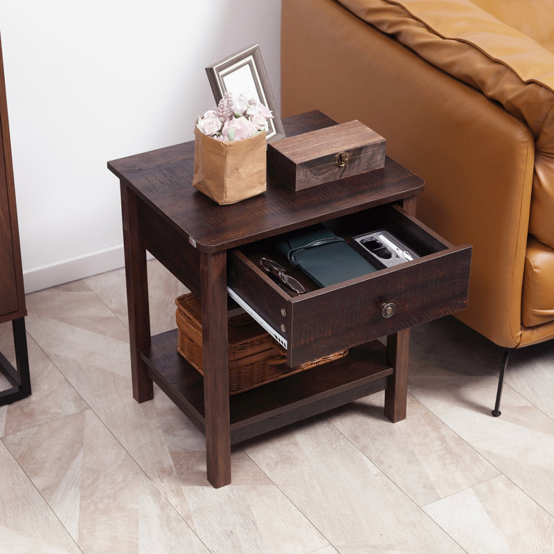 Table de bout avec tiroir, table d'appoint avec tablette supérieure et inférieure pour les petits espaces