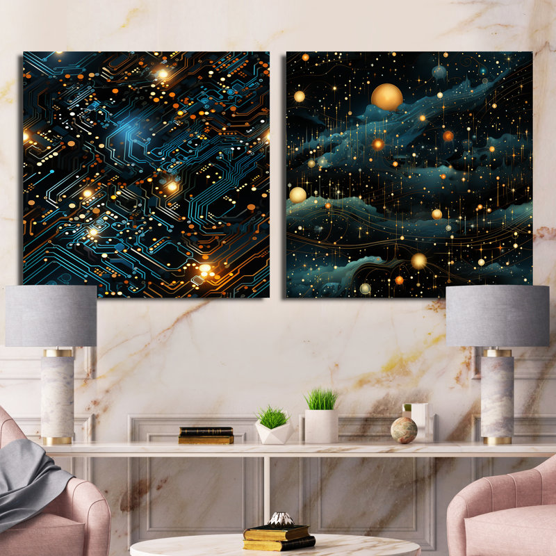 Futuriste ordinateur - ensemble de 2 collages carrés abstraits, H 16 po x l 33 po, Toile tendue