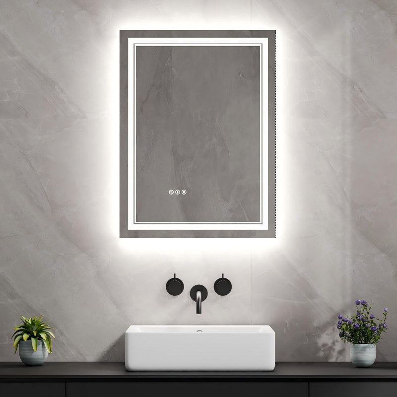 Miroir de salle de bain moyen sans cadre à DEL de 24 po x H 32 po, double éclairage avant et arrière, luminosité infinie et réglage CCT, anti-buée à arrêt automatique programmé, fonction de mémoire, miroir de sécurité ETL à câblage unique à fixation à une barre