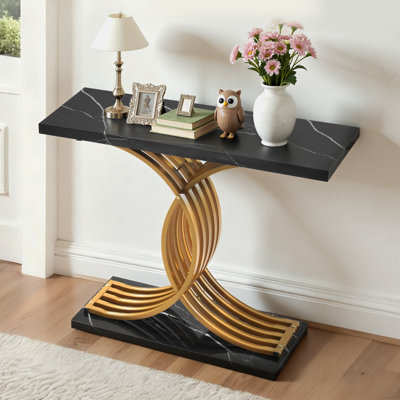 39 in Gold Console Table, Modern Desk Behind the Couch, Wood Rectangle Entrance Desk, Narrow Long Sofa Table Accent Stand with Metal Legs for Hallway, Bedroom, Living Room, Foyer, Easy Assembly